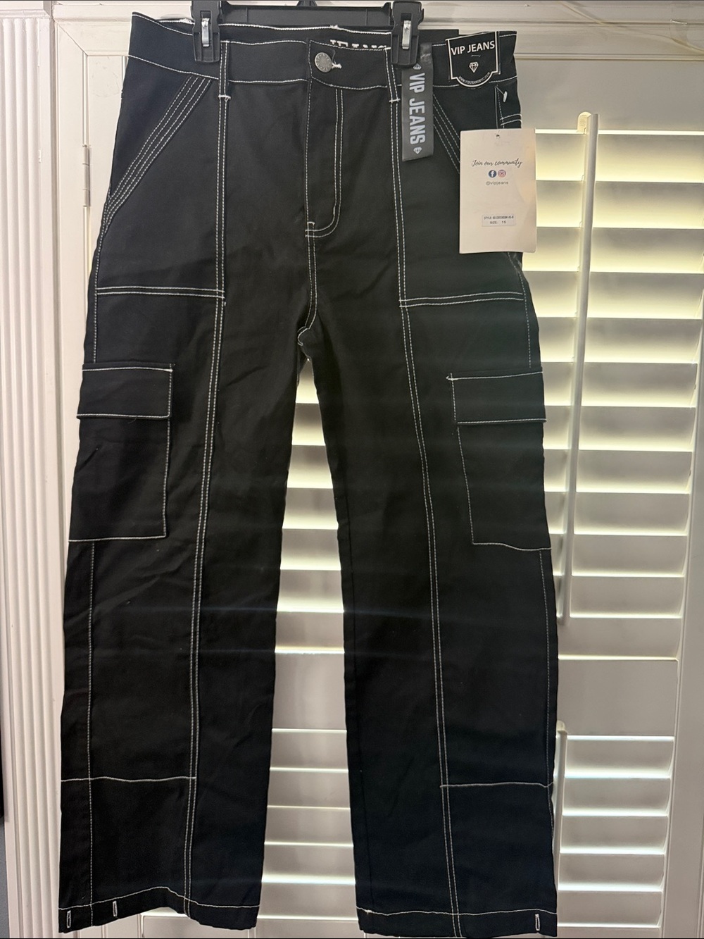 VIP Black Cargo Pants with White Contrast Stitching